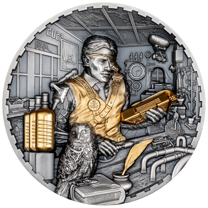 Cook Islands: Steampunk - Science Lab pozłacany 3 uncje Srebra 2023 Ultra High Relief Antiqued Coin