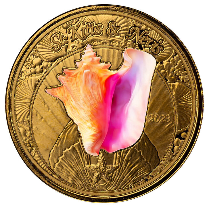 St. Kitts & Nevis: Conch Shell kolorowany 1 uncja Złota 2023 Proof