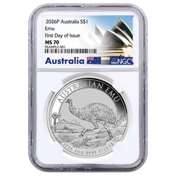 Srebrna Moneta Australijski Emu 1 uncja Srebra 2026 MS 70 NGC First Day of Issue