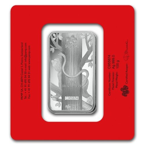 Lingot d'argent de 100 grammes Pamp série Lunar Année du singe