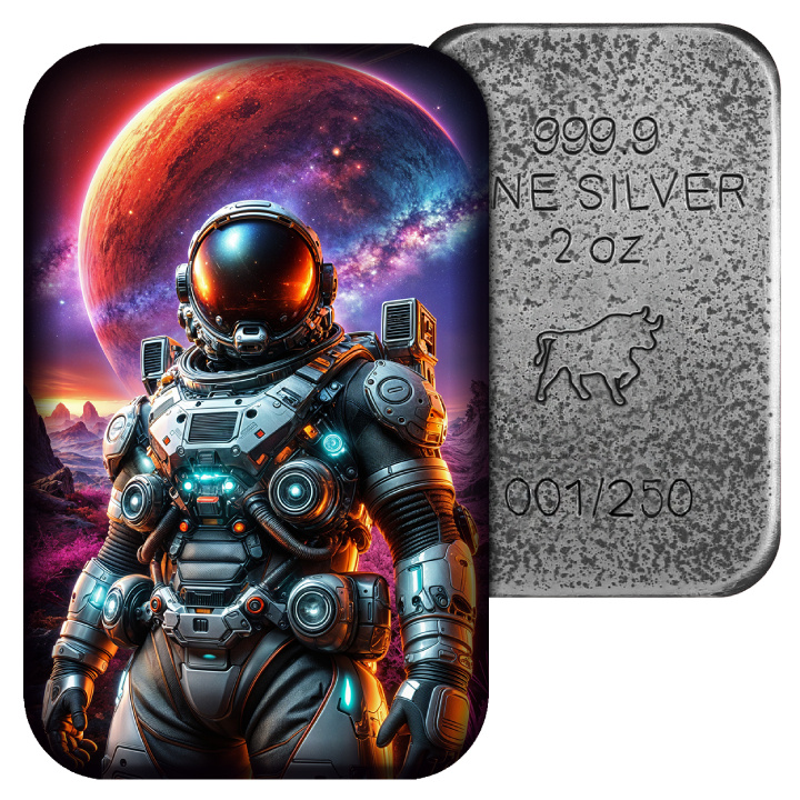 Asturmint: El Astronauta coloreado Lingote de Plata de 2 oz 2025 Acabado Antiguo