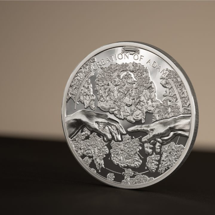 Cookovy ostrovy: Rentgen – Stvoření Adama, barevné, 1 unce stříbra, 2023, proof, ultra vysoký reliéf