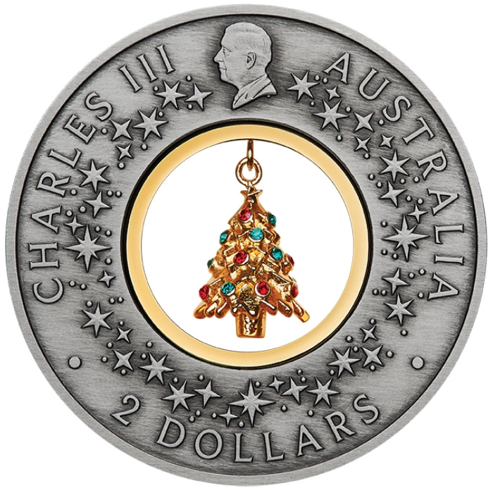 Australia: Santa’s Workshop pozłacany 2 uncje Srebra 2025 Antiqued Coin