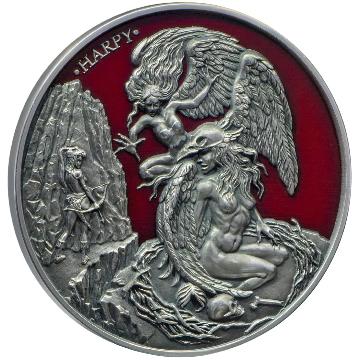Niue : Mythical Creatures - Harpy colorée 5 Argent 2024 High Relief Antiqued Coin