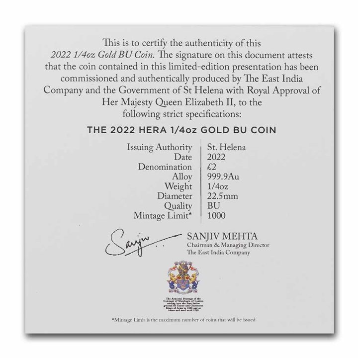 St Helena: Goddess - Hera and the Peacock 1/4 oz Gold 2022