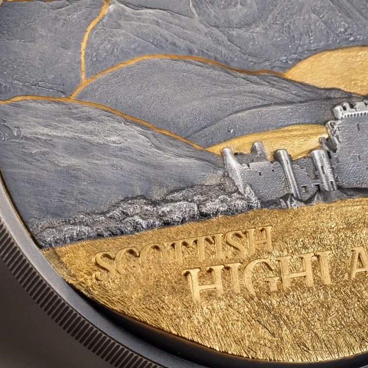 Monedă din Argint aurită Golden Landscapes - Scottish Highlands 2 oz 2026 Antiqued Ultra High Relief