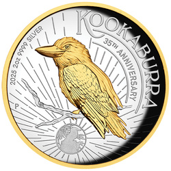 Kookaburra pozlacená 2 unce stříbra 2025 Proof High Relief pozlacená mince