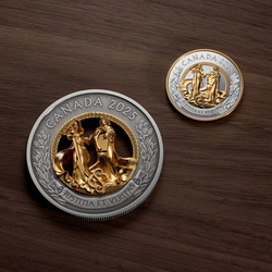 Canada: Allegories of Justice and Truth pozłacany $50 Srebro 2025 Antiqued Coin