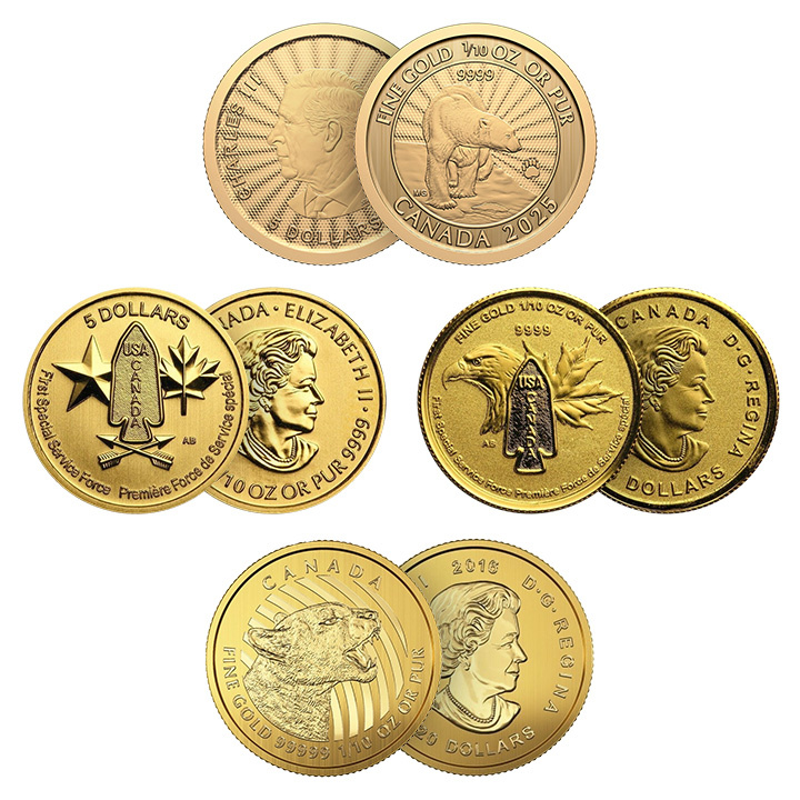  Royal Canadian Mint – Moneda de Oro de 1/10 Onza Aleatoria