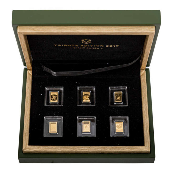 Salomon-Inseln: Set von 6 Gold Panda Tribute Edition Münz-Barren 3 Gramm Gold 2017