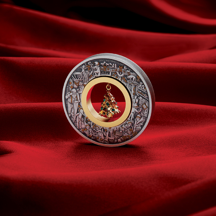 Austrálie: Santa’s Workshop pozlacená 2 unce Stříbra 2025 Antiqued Coin