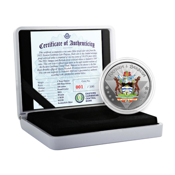 Antigua y Barbuda: Coat of Arms kolorowany 1 uncja Srebra 2022 Proof