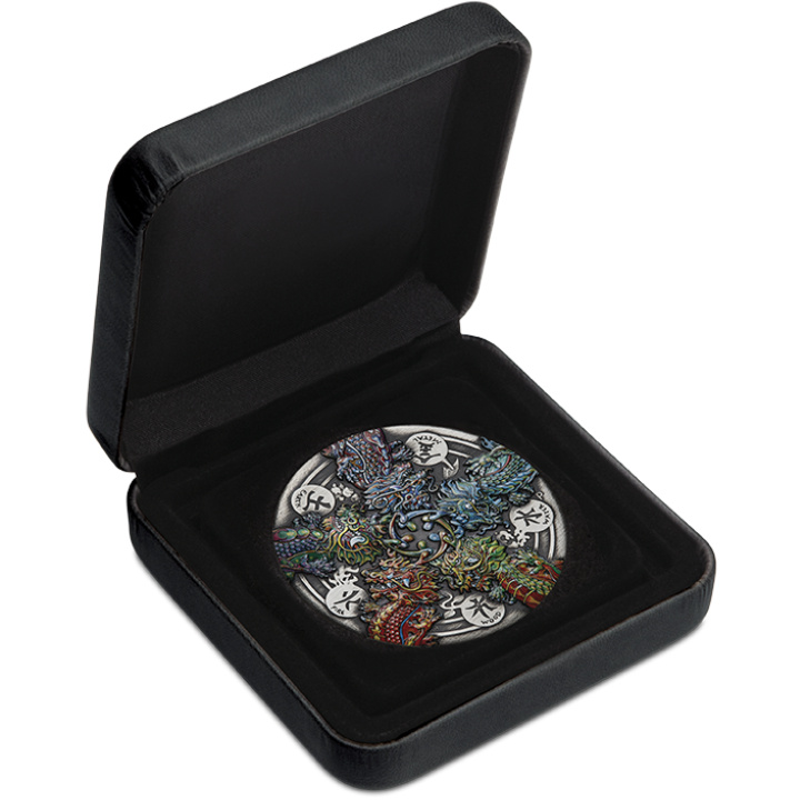 Tuvalu: Dragon and the Five Elements coloured 5 oz Silber 2024 Antiqued Coin