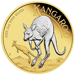Australijski Kangur pozłacany 2 uncje Srebra 2022