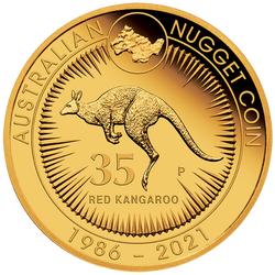 Canguro australiano: 35° anniversario Kangaroo Nugget 1/4 oncia d'oro 2021 Proof