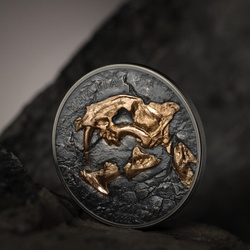 Mongolia: Evolution of Life - Nimravidae pozłacany 1 uncja Srebra 2023 High Relief Antiqued Coin