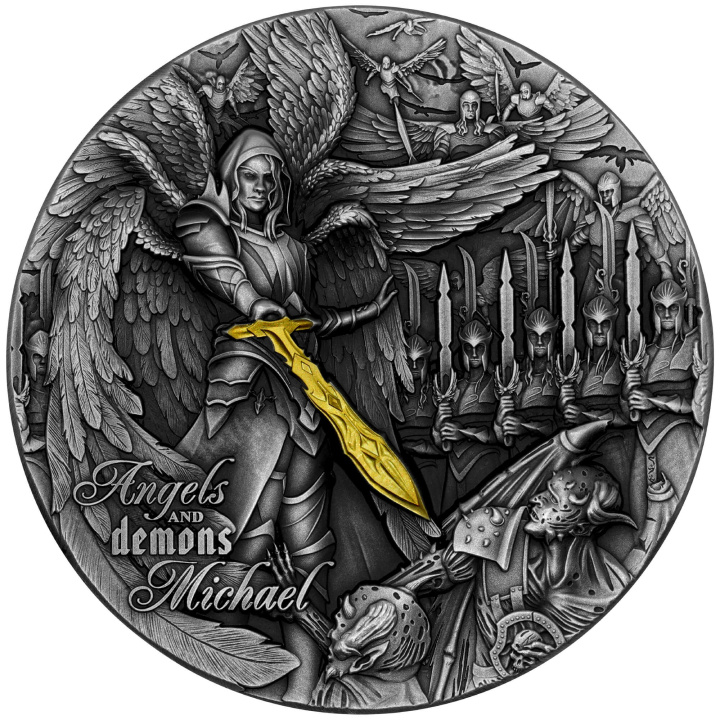 Niue: Angels and Demons - Michael 1 oz Silver 2022 GIlded High Relief Antiqued Coin