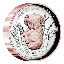 Australijska Koala 5 uncji Srebra 2021 Proof High Relief Pozłacana