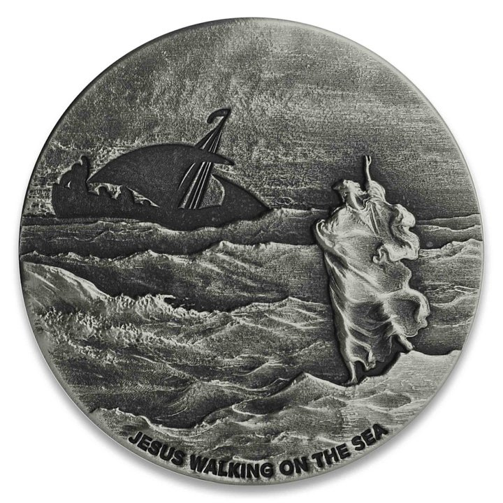 Niue: Biblické - Ježíš kráčí po moři 2 unce stříbra 2020 Proof Antiqued Coin