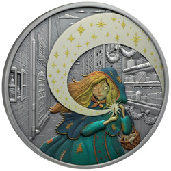 Niue: Fairy Tales - Dziewczynka z zapałkami kolorowana $1 Srebro 2024 High Relief Antiqued Coin	