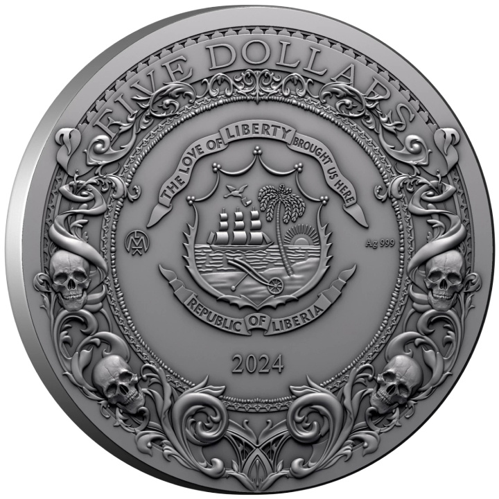 Libéria: Darkness Rider színes, aranyozott 5 dolláros ezüst 2024 magas dombornyomott antikolt érme