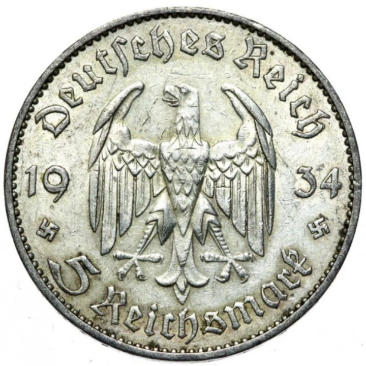Niemcy, Trzecia Rzesza - Potsdam Garrison Church 5 reichsmarek Srebro 1934-1935