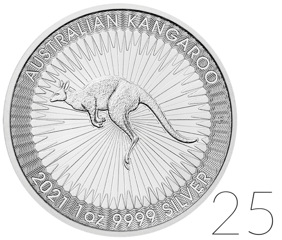 Canguro australiano 1 oncia d'argento PACCHETTO DA 25 PEZZI 2021