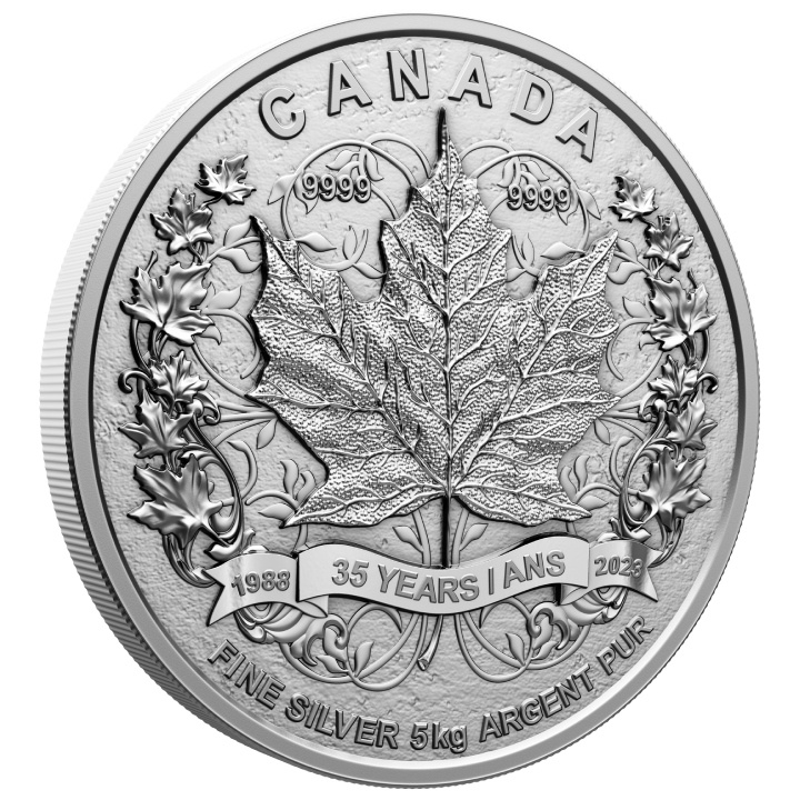 Feuille d'érable canadienne - 35e anniversaire 5000 grammes d'argent 2023 Matte Proof