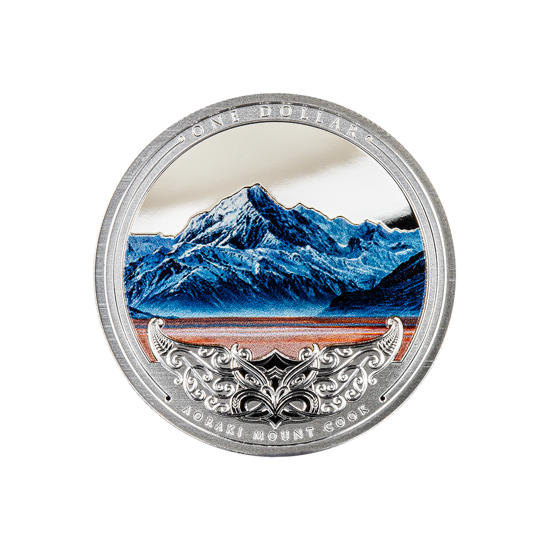 Discover New Zealand: Aoraki Góra Cooka kolorowana 1 uncja Srebra 2021 Proof