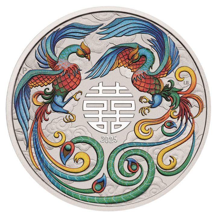 Chinese Myths and Legends: Dvojitý Fénix kolorovaný (vivid) 1 oz Stříbro 2025 (Mince v kartě)