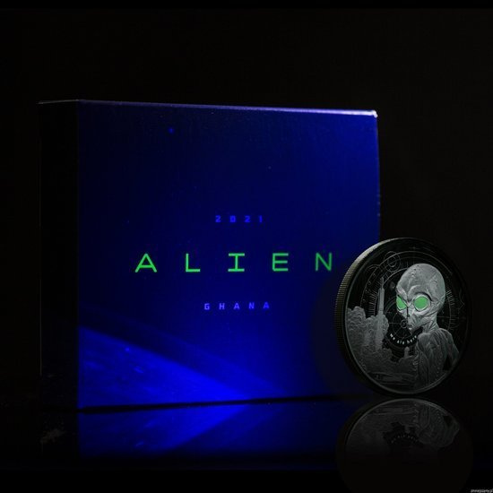 Ghana: Alien coloured 1 oz Silber Black Rhodium 2021