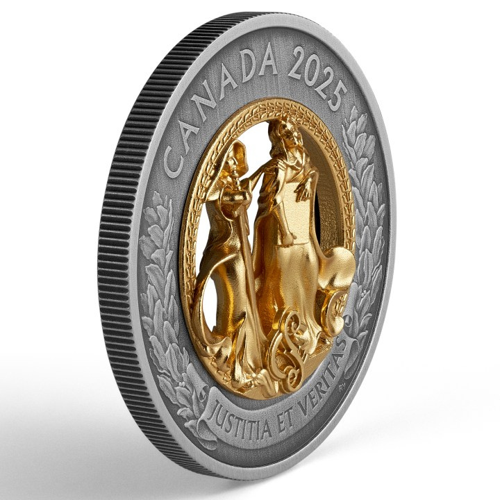 Alegorie spravedlnosti a pravdy pozlacená $50 Stříbro 2025 Antiqued Coin