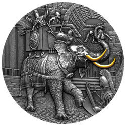 Niue : Éléphant de combat plaqué or 5 argent 2022 Pièce à haut relief vieilli