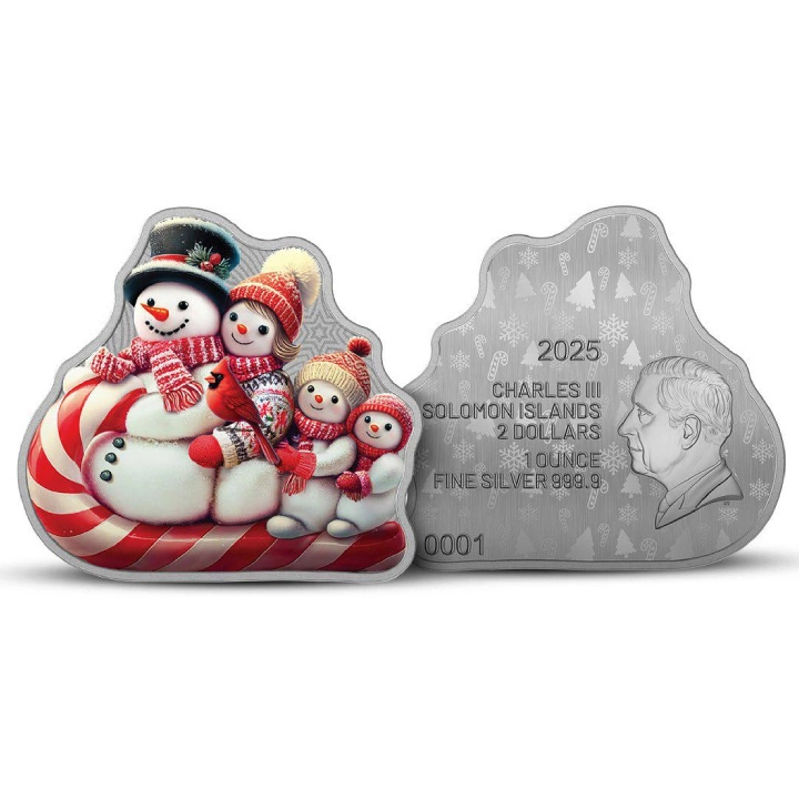 Salomonen: Snowman Sleigh Ride koloriert 1 Unze Silber 2025 Prooflike