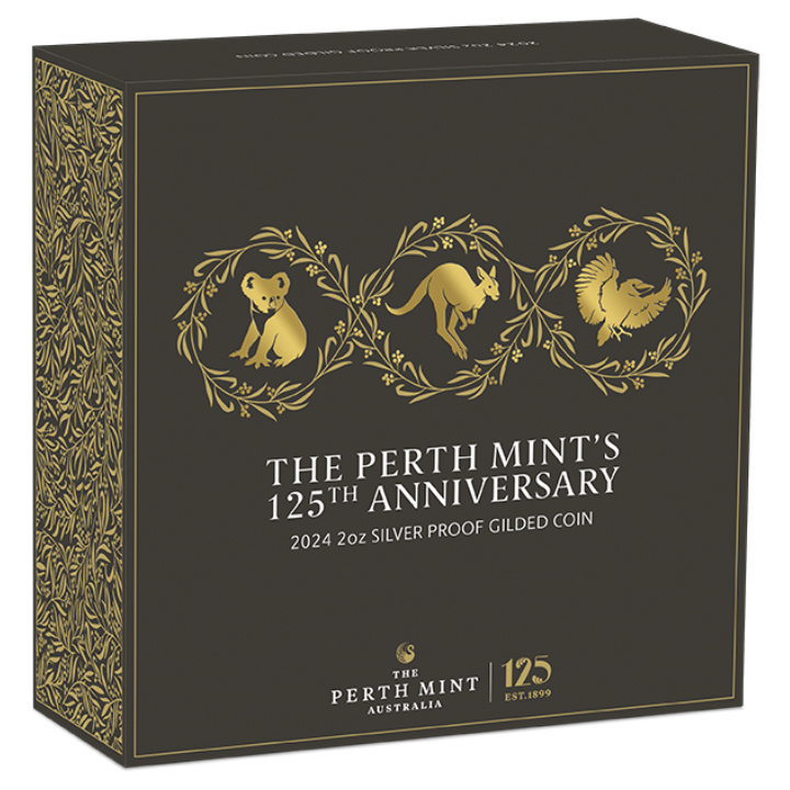 Perth Mint 125. évforduló aranybevonatú 2 uncia ezüst 2024 Proof