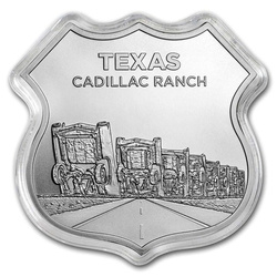 Icons of Route 66 Shield - Texas Cadillac Ranch 1 oz Silber