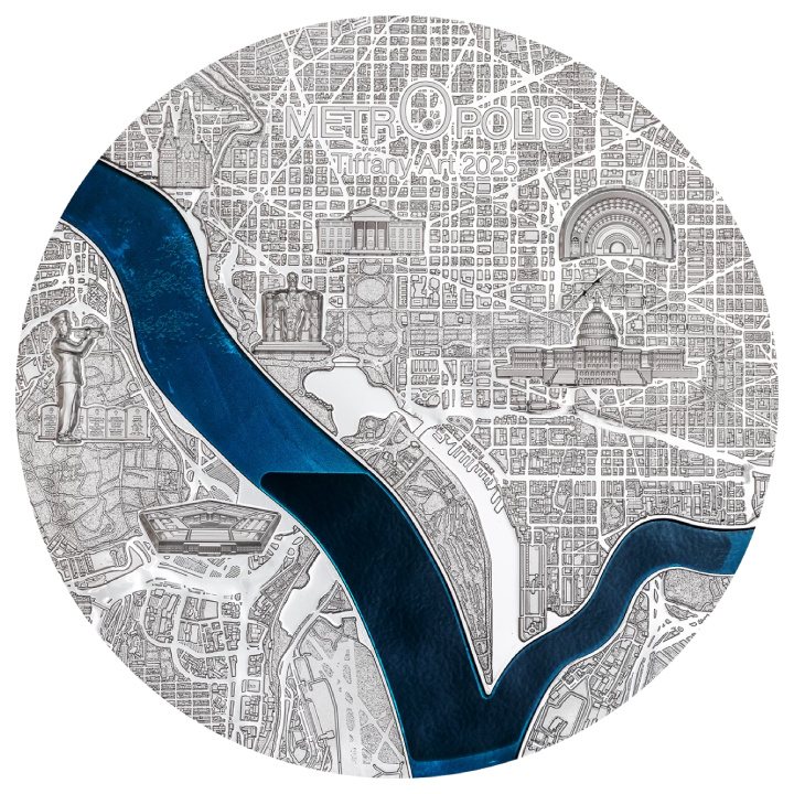 Palau: Tiffany Art Metropolis - Washington coloured 1000 grams Silver 2025 Proof Coin