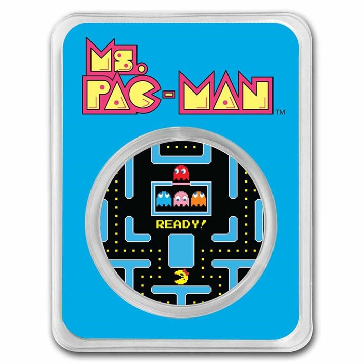 Ms.PAC-MAN Dual Mazes colorée 1 once d'argent Slab