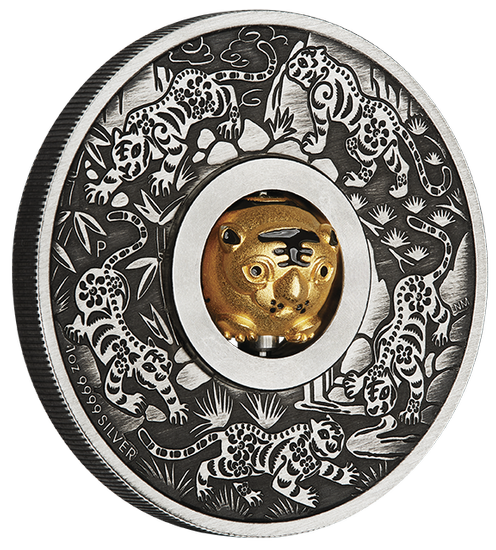 Tuvalu: Lunar III - Anno del Tigre 1 oncia d'argento 2022 Rotating Charm Antiqued Coin