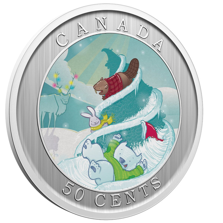 Canada Whimsical Holiday Tree colorată 50 cenți 2025 Specimen monedă lenticulară