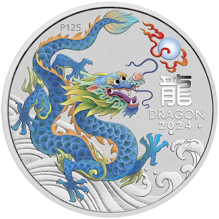 Perth Mint: Lunar III - Rok Smoka "Turkusowy Smok" kolorowany 1 uncja Srebra 2024 (Perth Money Expo Anda Special)