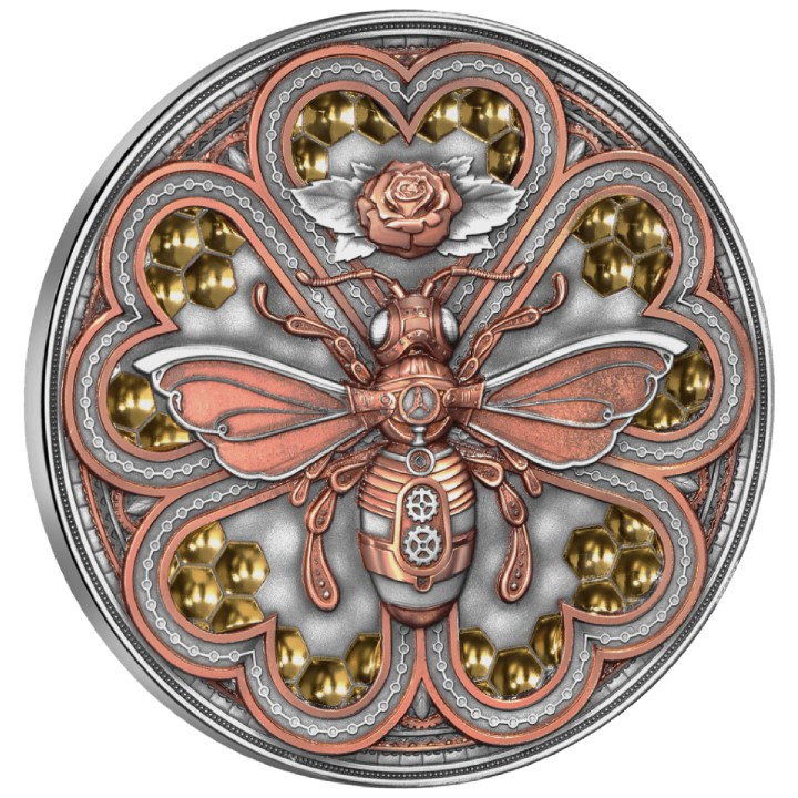 Niue: Steampunk - Metal Bee $5 pozłacany Srebro 2023 High Relief Antiqued Coin