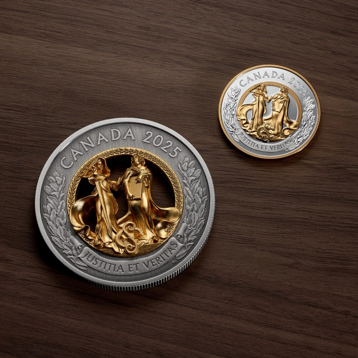 Kanada: Allegorien von Gerechtigkeit und Wahrheit vergoldet $50 Silber 2025 Antiqued Coin