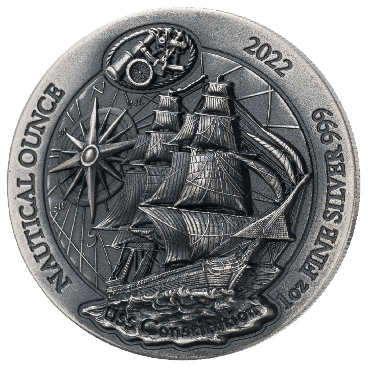 Rwanda: Nautical Ounce - USS Constitution 1 oz Silber 2022 Antique Finish 