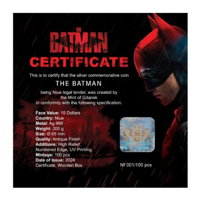 Niue: DC Comics – Batman coloreado 200 g Plata 2025 High Relief Antiqued Coin