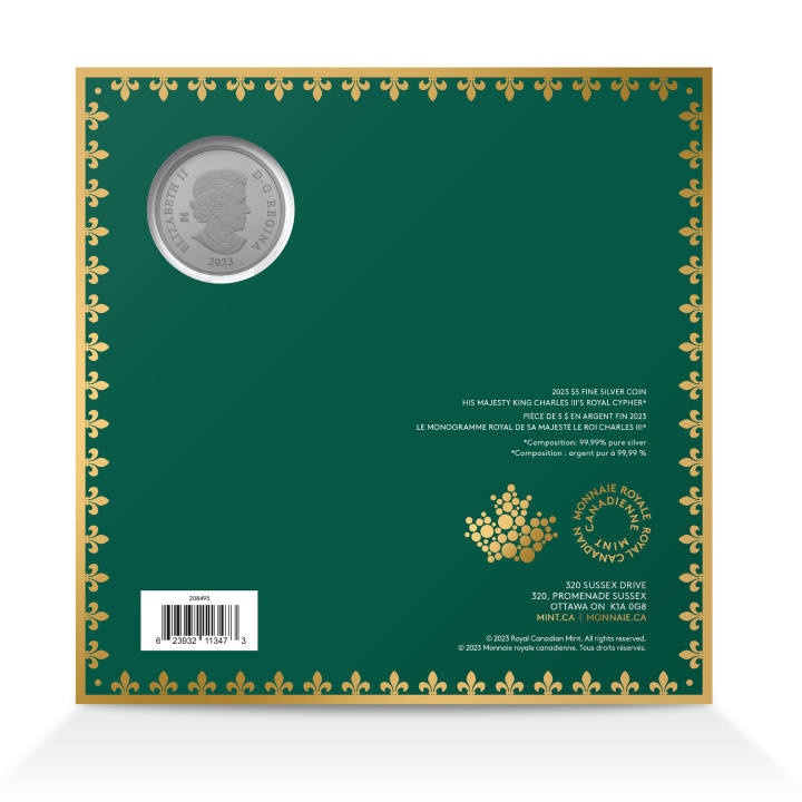 Canada: Su Majestad el Rey Carlos III's Royal Cypher $5 Srebro 2023 Matte Proof