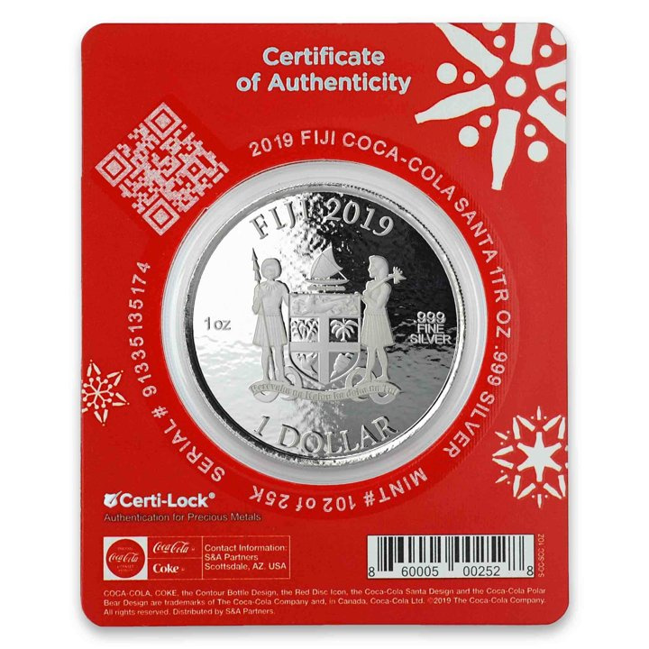 Fiyi: Fiji Coca-Cola Santa 1 oz Plata 2019 Holiday Coin Slab