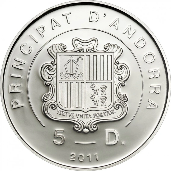 Monedă de Argint Andorra Papa Ioan Paul al II-lea Fericit colorată 5 diners 2011 Proof