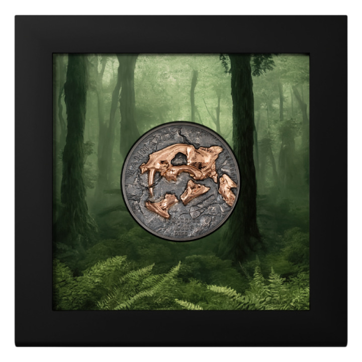 Mongolia: Evolution of Life - Nimravidae pozłacany 1 uncja Srebra 2023 High Relief Antiqued Coin