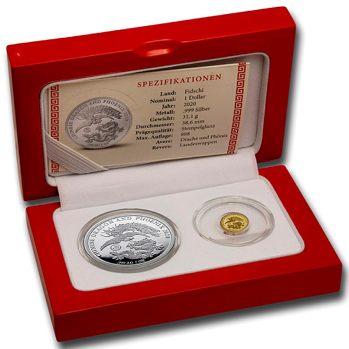 Fiji: Set di 2 monete Chinese Dragon & Phoenix - 1 grammo d'oro e 1 oncia d'argento 2020 Proof